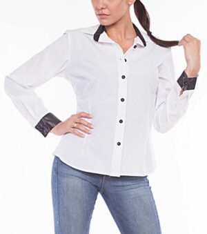 Бяла дамска риза с дълъг ръкав и гарнитури от черна еко кожа