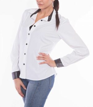 Бяла дамска риза с дълъг ръкав и гарнитури от черна еко кожа