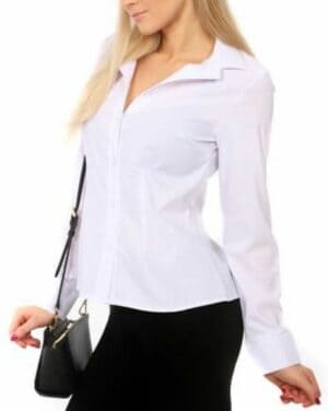 Бяла дамска риза с дълъг ръкав от еластична материя
