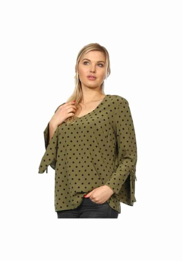 Блуза с дълъг ръкав с цепки - зелено на точки