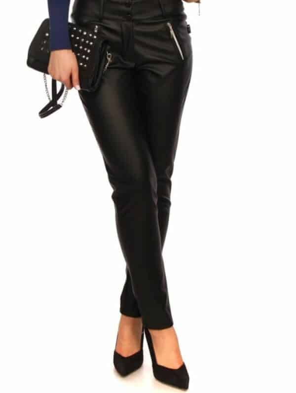 Черен дамски панталон от еко кожа с декоративни ципове