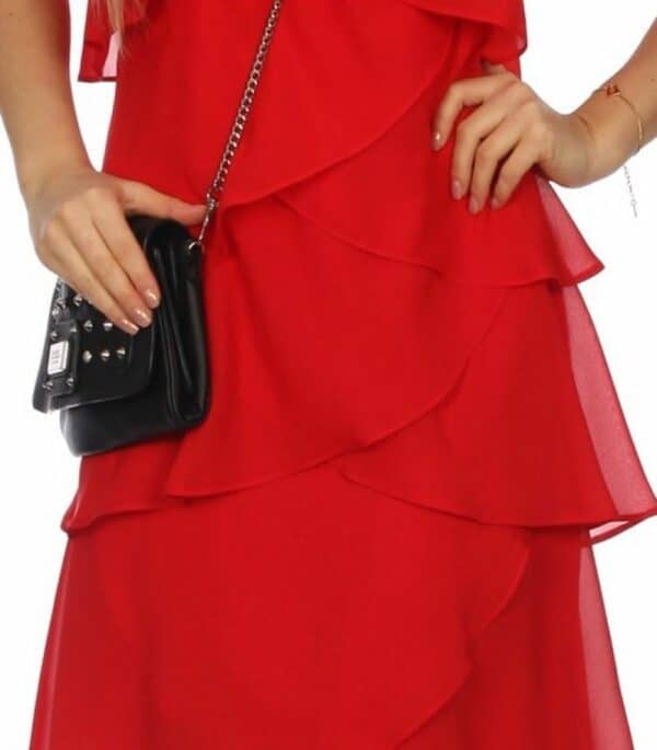 Червена рокля без ръкав - шифон на волани
