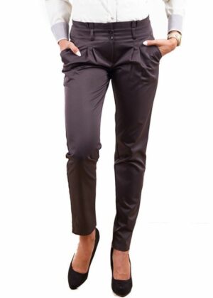 Дамски дълъг панталон с широк колан и плисета в цвят графит
