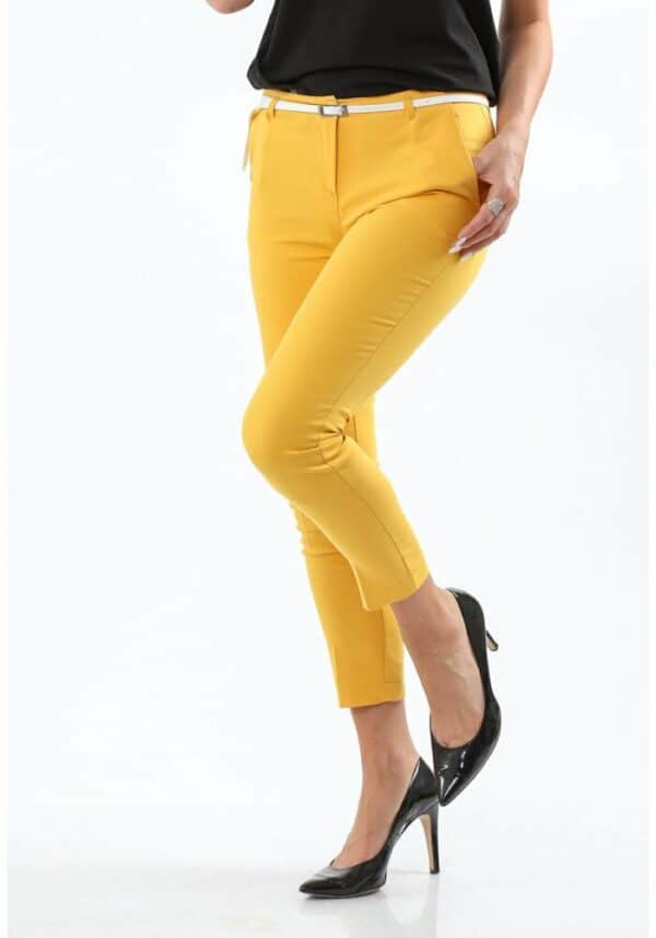 Еластичен жълт панталон тип цигара с ниска талия