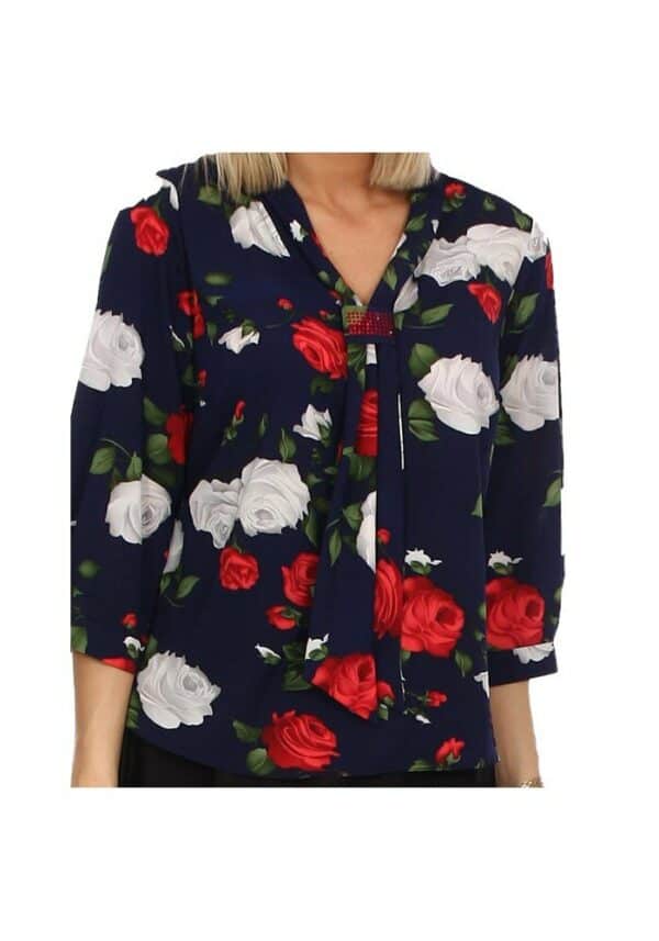 Елегантна блуза с панделка и десен на цветя - тъмно синьо червени рози
