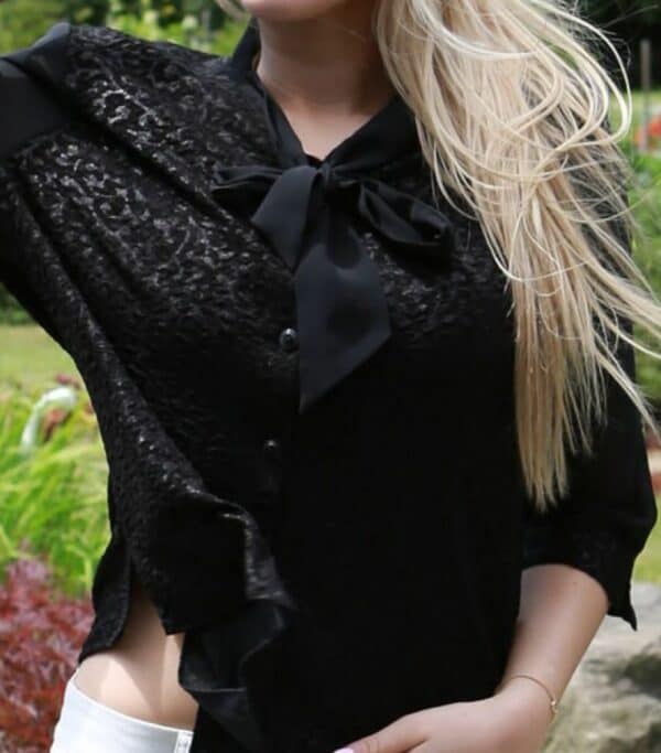Елегантна черна дамска риза с 3/4 ръкав и панделка