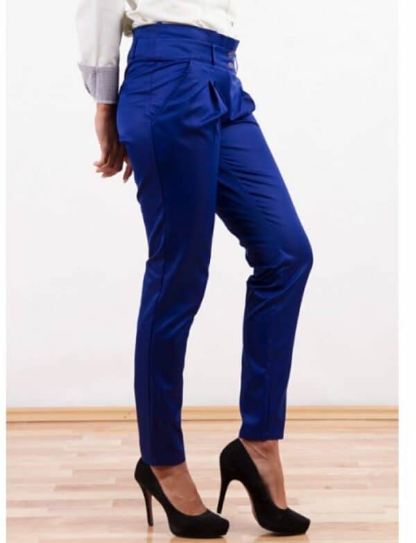 Наситено син дамски дълъг панталон с широк колан и плисета