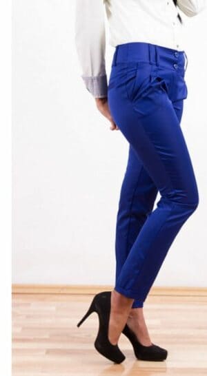 Наситено син дамски дълъг панталон с широк колан