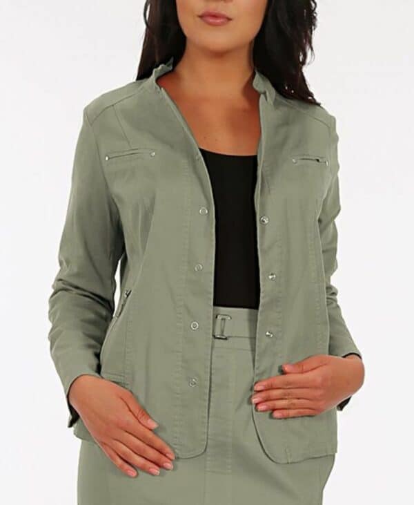 Памучно дамско яке-сако с изправена яка в цвят маслина