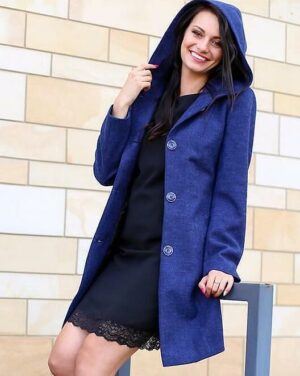 Синьо дамско палто с качулка