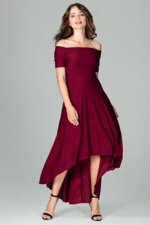 Дълга рокля с отворени рамене цвят бордо GL22K485