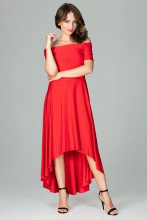 Дълга червена рокля с отворени рамене GL22K485