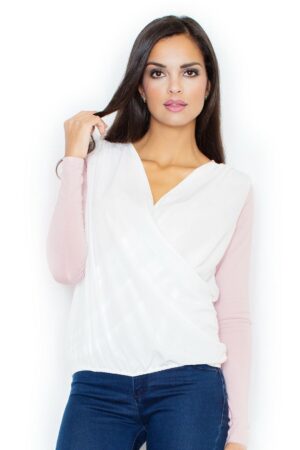 Бяла блуза с розови ръкави GF2M375
