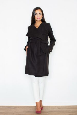 Черно дамско палто с колан GF2M408