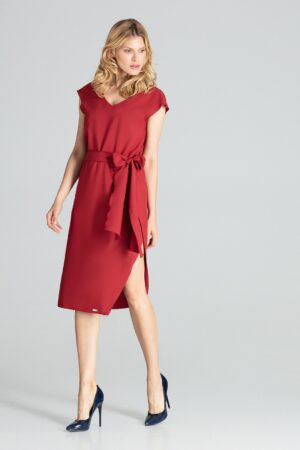Елегантна рокля с колан цвят бордо GF2M674