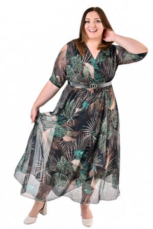 Дълга рокля с 3/4 ръкав и колан 1087 - черно на зелени и бежови листа