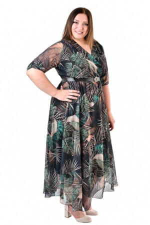 Дълга рокля с 3/4 ръкав и колан 1087 - черно на зелени и бежови листа