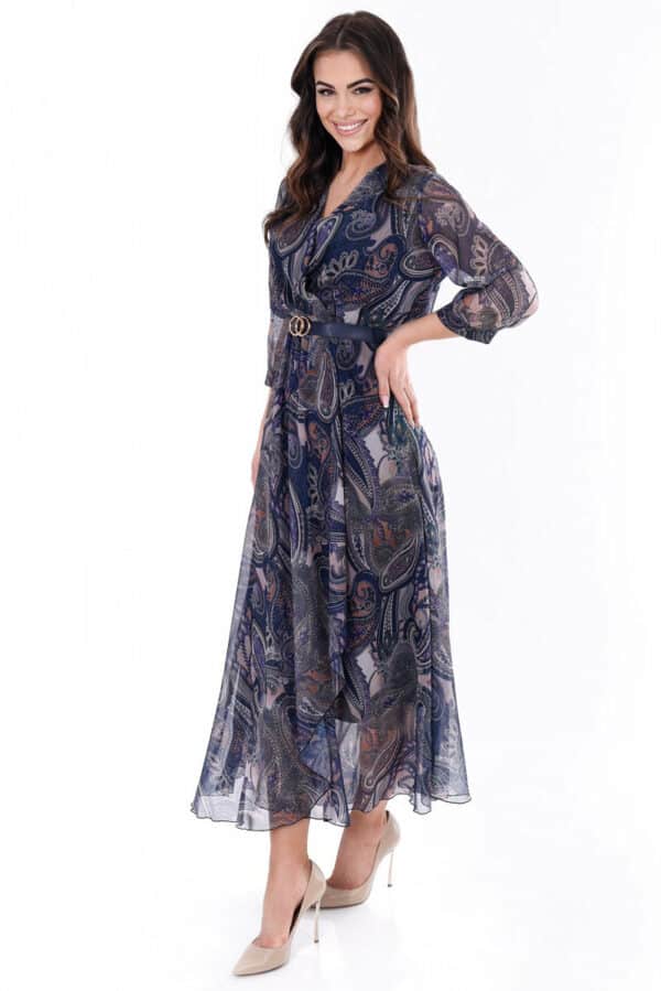 Дълга рокля с 3/4 ръкав и колан 1087 - тъмносиня десен бежово и синьо