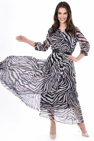 Дълга рокля с 3/4 ръкав и колан 1087 - черно и бяло зебра златисти нишки