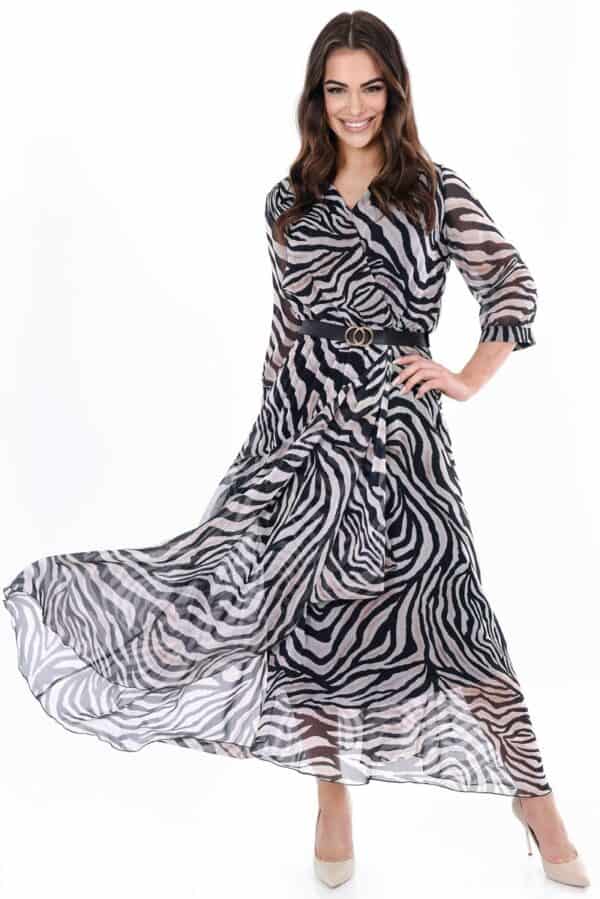 Дълга рокля с 3/4 ръкав и колан 1087 - черно и бяло зебра златисти нишки