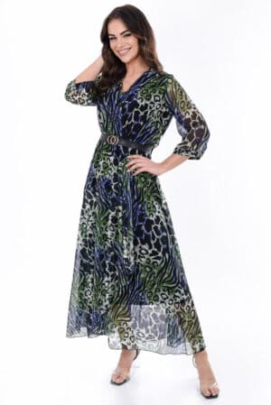 Дълга рокля с 3/4 ръкав и колан 1087 - черно синьо и зелено животински принт