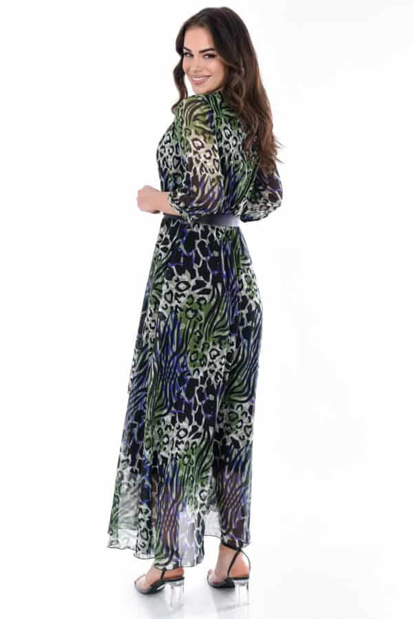 Дълга рокля с 3/4 ръкав и колан 1087 - черно синьо и зелено животински принт