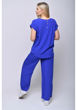 Ленен дамски комплект блуза и панталон наситено синьо