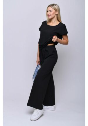 Черен ленен дамски комплект блуза и панталон