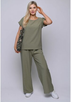 Ленен дамски комплект блуза и панталон цвят маслина