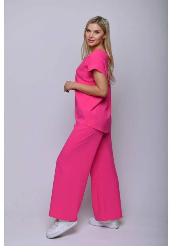 Розов ленен дамски комплект блуза и панталон