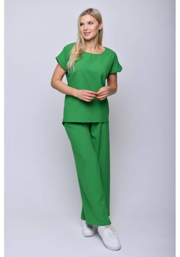 Зелен ленен дамски комплект блуза и панталон