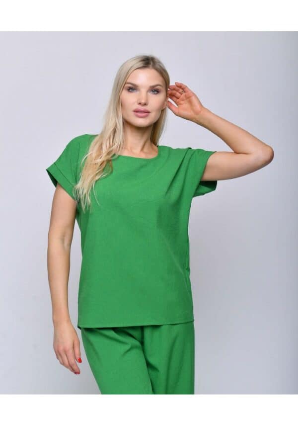 Зелен ленен дамски комплект блуза и панталон