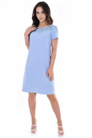 Официална бледо синя рокля с къс ръкав и дантелена платка 1046