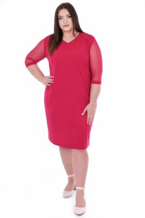 Официална малиново розова рокля с 3/4 тюлен ръкав 1075
