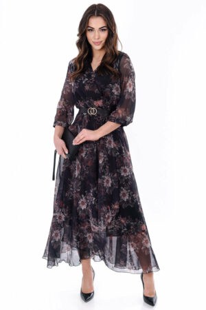 Дълга рокля с 3/4 ръкав и колан 1087 черно бежови цветя