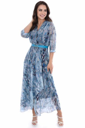 Дълга рокля с 3/4 ръкав и колан 1087 десен морско синьо и черно