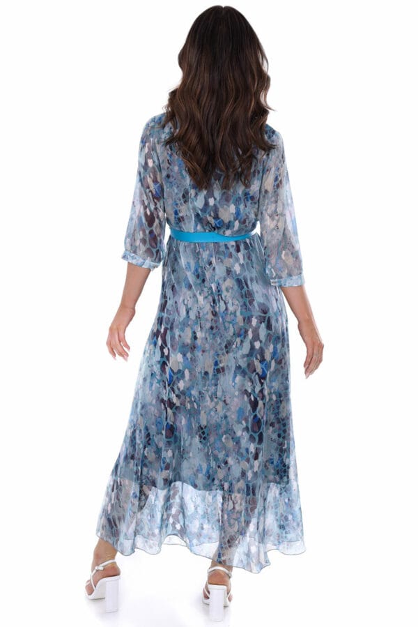 Дълга рокля с 3/4 ръкав и колан 1087 десен морско синьо и черно