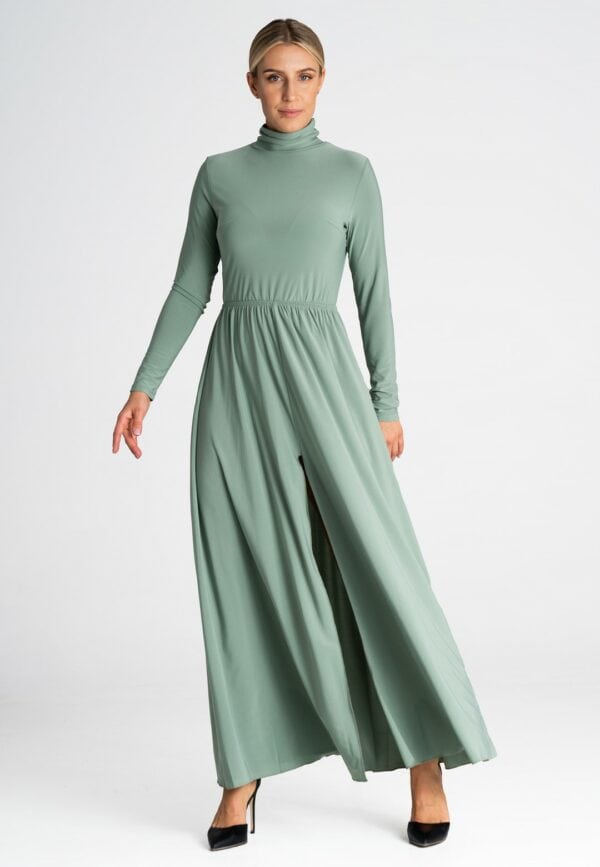Дълга светло зелена рокля с дълъг ръкав M936