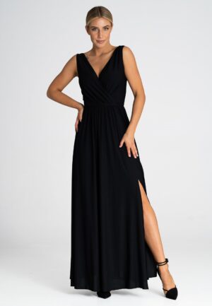 Дълга черна рокля с цепка M960