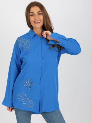 Тъмносиня Oversize риза със закопчаване с копчета