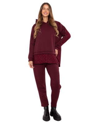 Комплект oversize блуза с дантела и кристали-бордо