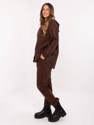 Комплект oversize блуза с дантела и кристали-тъмнокафяв