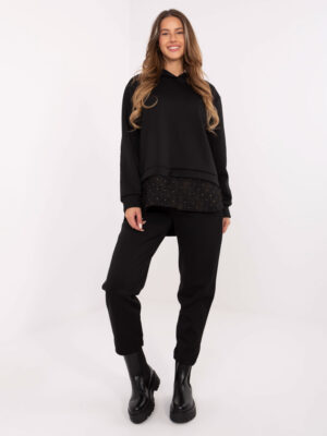 Комплект oversize блуза с дантела и кристали -черен