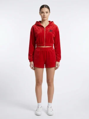 Червен суичър с качулка, цип и лого KENDALL + KYLIE