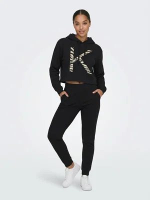 Черен дамски кроп суичър с качулка и лого Zebra K KENDALL + KYLIE